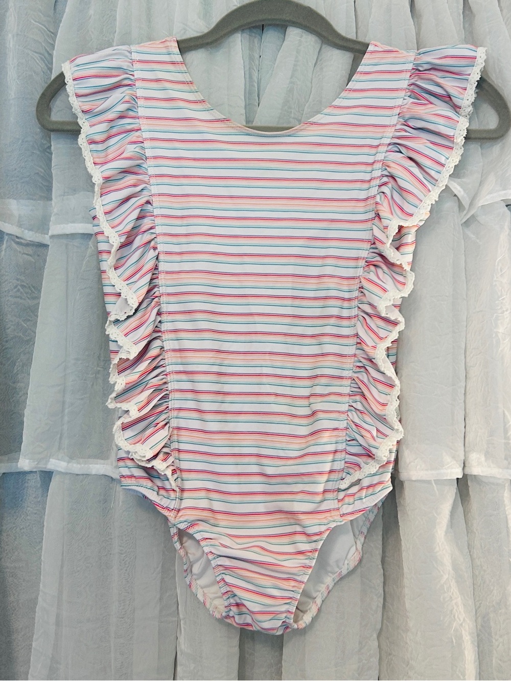 Charming Mary Waterfall Ruffle Pastel Stripe One-Piece Swimsuit Sz 10